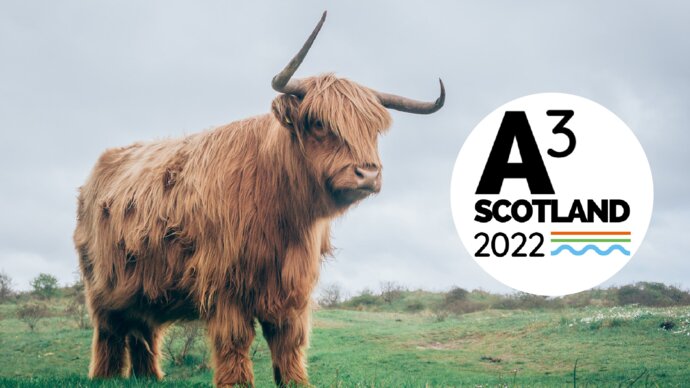 Highland cow and A3 Scotland 2022 logo
