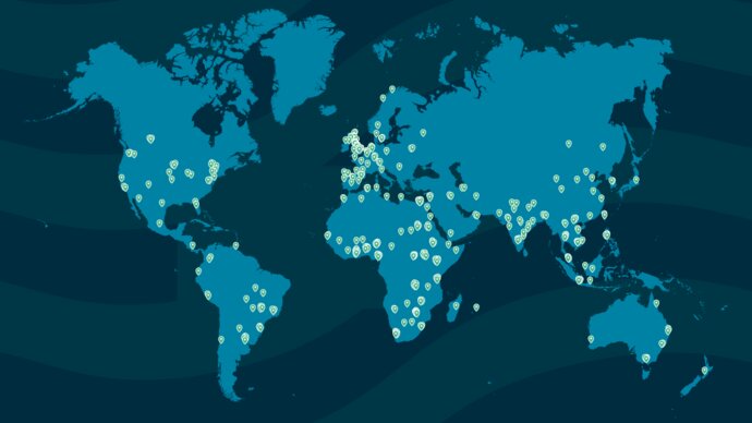 Map of the world with pins showing IVVN member locations