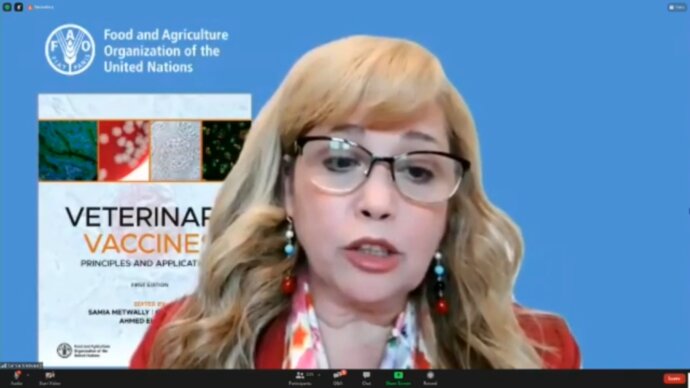 Samia Metwally introducing a virtual book launch for Veterinary Vaccines: Principles and Applications