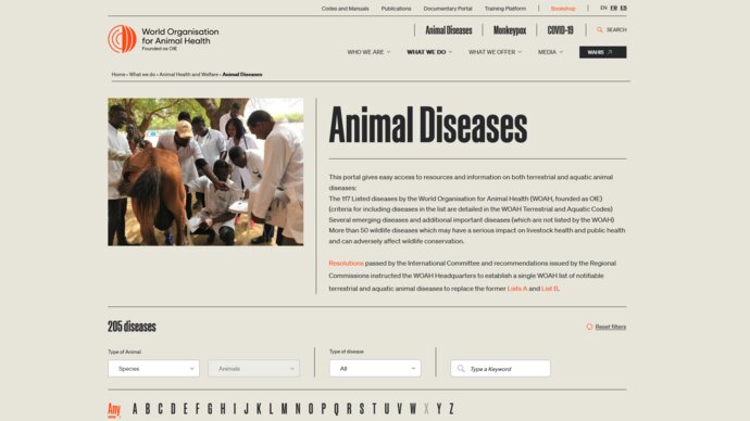 Screenshot from the WOAH animal diseases portal