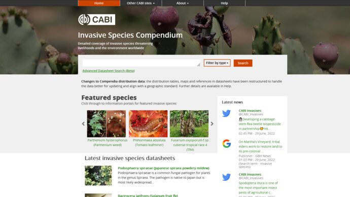 Screenshot of the CABI Invasive Species Compendium homepage