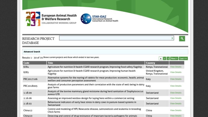 Screenshot of the research project database from the European Animal Health and Welfare Research Collaborative Working Group and the Star-Idaz International Research Consortium on Animal Health