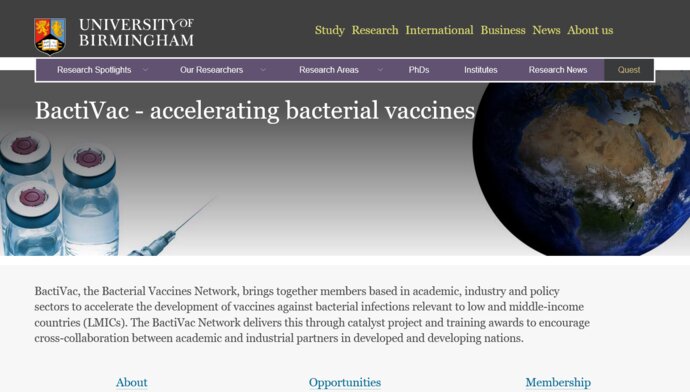Screenshot of the BactiVac Network homepage