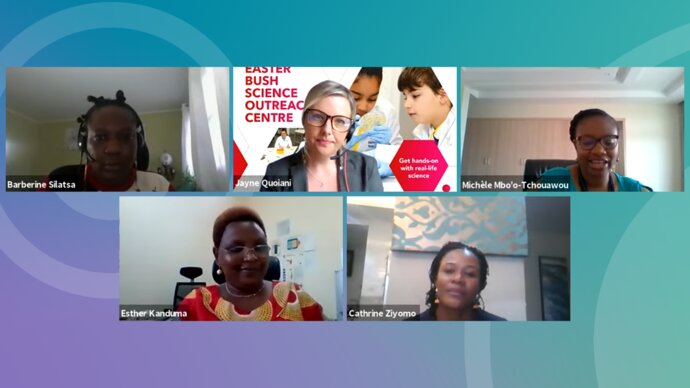 Five female panellists on a video call