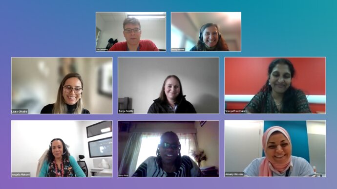 Screenshot of an online meeting with eight panellists