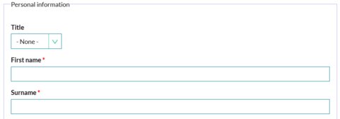 Screenshot of a form with the dropdown field 'Title', text field 'First name' and text field 'Last name'