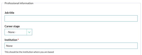 Screenshot of a form with the fields job title, career stage and institution