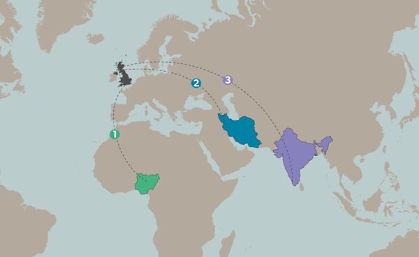 Map of the world with the UK, Nigeria, Iran and India highlighted.