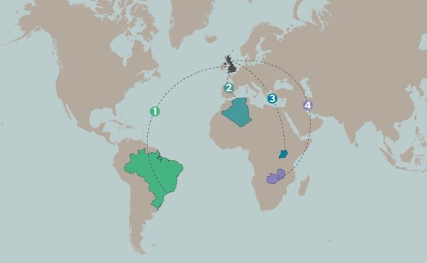 Map of the world with the UK, Brazil, Algeria, Uganda and Zambia highlighted