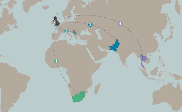 Map of the world with the UK, South Africa, Serbia, Pakistan and Thailand highlighted.